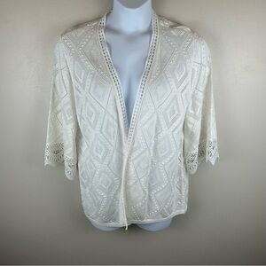 Chicos Diamond Stitch Cardigan Sweater Womens XL 3 Alabaster‎ Cream Open Front